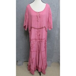 Silhouettes Dress Womens 16 Pink Embroidered Boho Maxi Lace Hem Short Sleeve